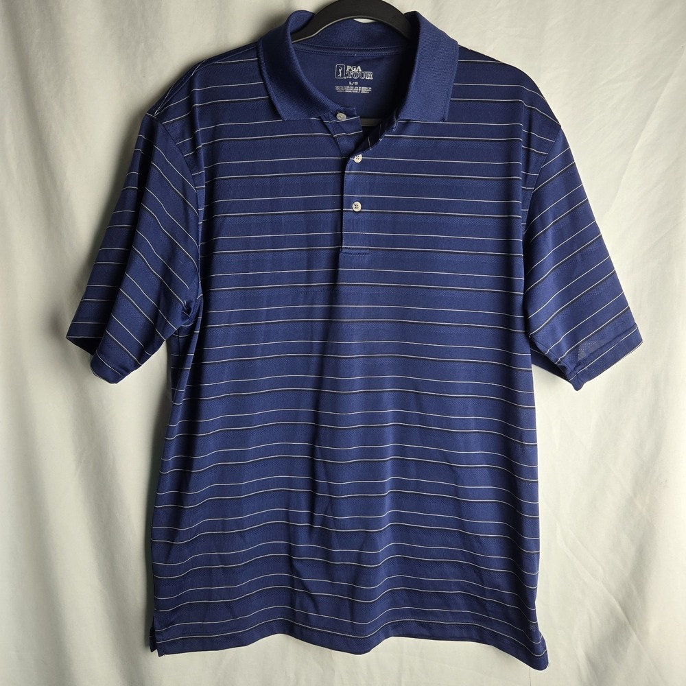 PGA Tour Performance Polo Shirt Mens XL Blue Stripe Golf‎ Pickleball Office